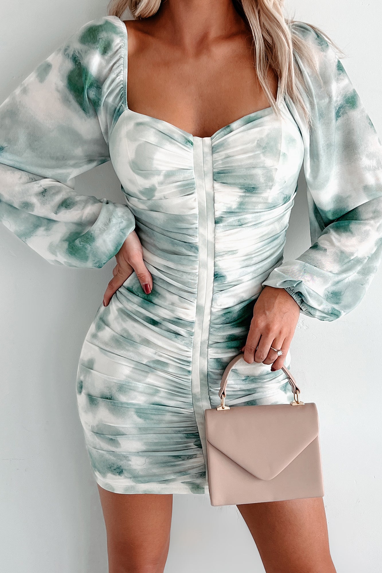 DOORBUSTER Rewriting The Rules Ruched Mesh Bodycon Dress (Jade Green)