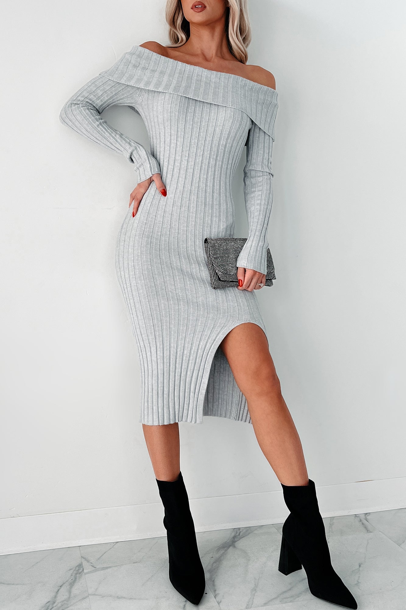 Leah Off The Shoulder Sweater Dress (Light Heather Grey)