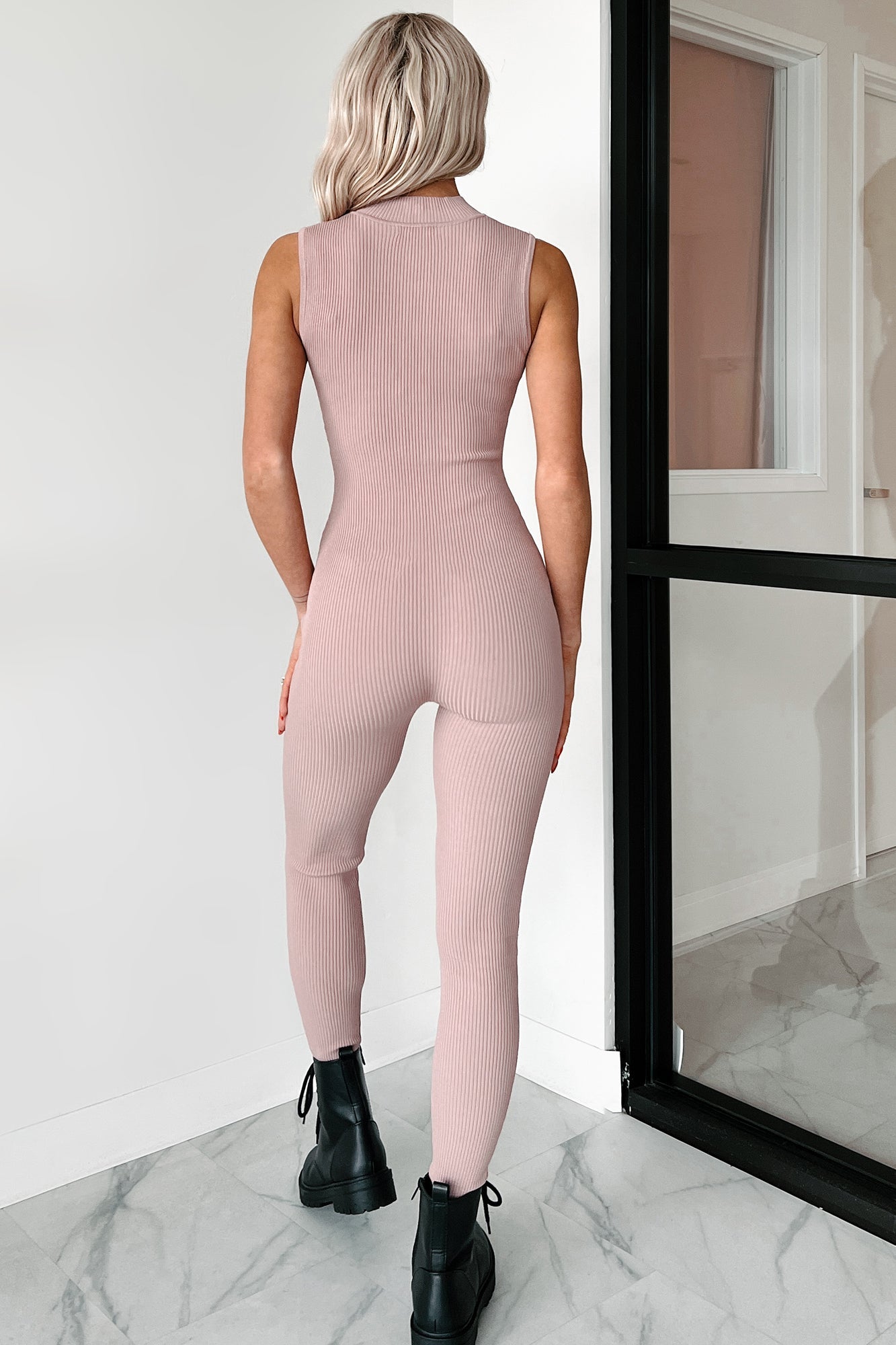 Luck Of The Draw Ribbed Half Zip Jumpsuit (Dusty Pink)