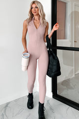 Luck Of The Draw Ribbed Half Zip Jumpsuit (Dusty Pink)