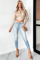 Chic Sensibilities Faux Leather Blouse (Khaki)