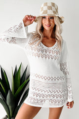 Sandy Holidays Crochet Knit Long Sleeve Cover Up Dress (White)