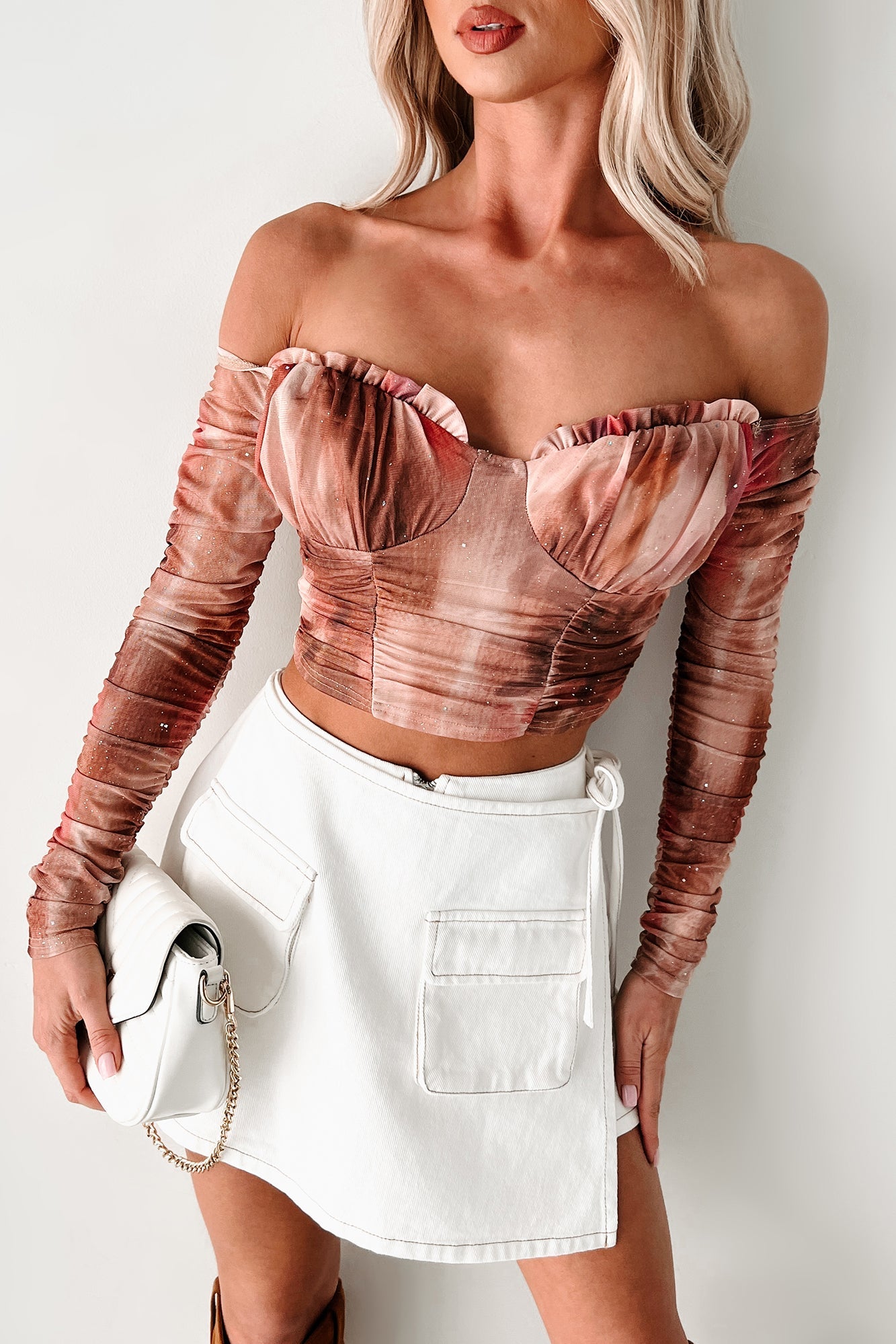 From Flirty To Fierce Sparkle Mesh Off The Shoulder Top (Dry Rose)