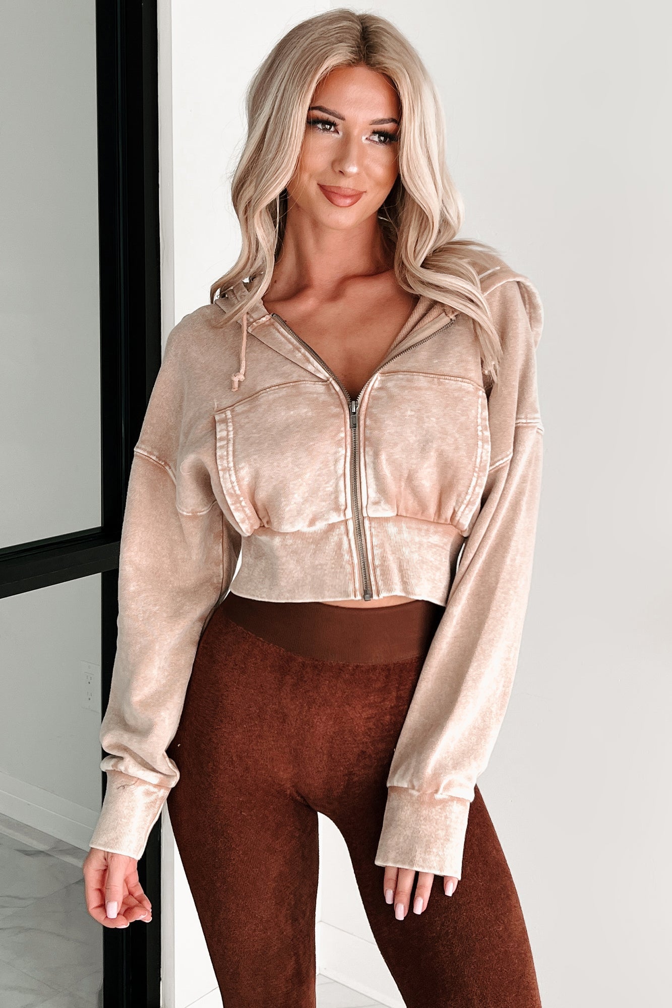 Bite The Dust Cropped Zip-Up Hoodie (Dark Taupe)