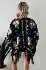 Like A Blooming Rose In Spring Floral Kimono Shawl (Black)
