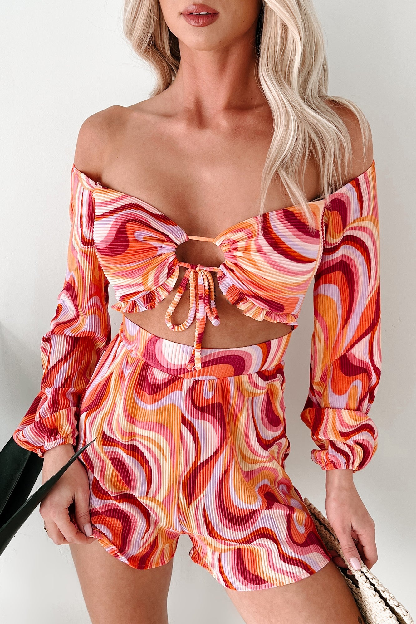 Dance The Night Away Pleated Long Sleeve Romper (Pink/Multi)