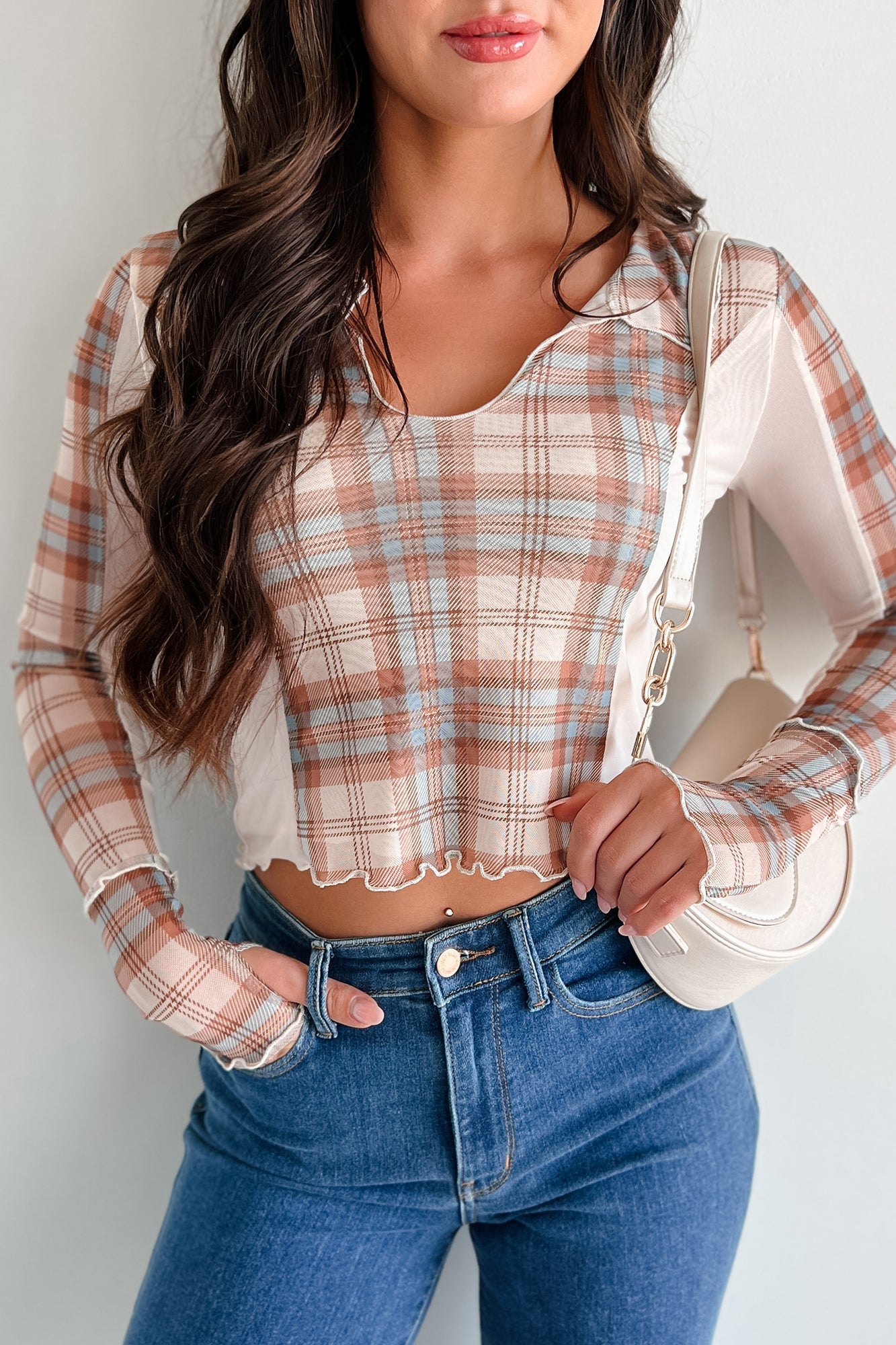 Syllabus Day Contrast Plaid Mesh Top (Taupe)