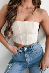 Playing The Player Strapless Lace-Up Crop Corset Top (Ecru)