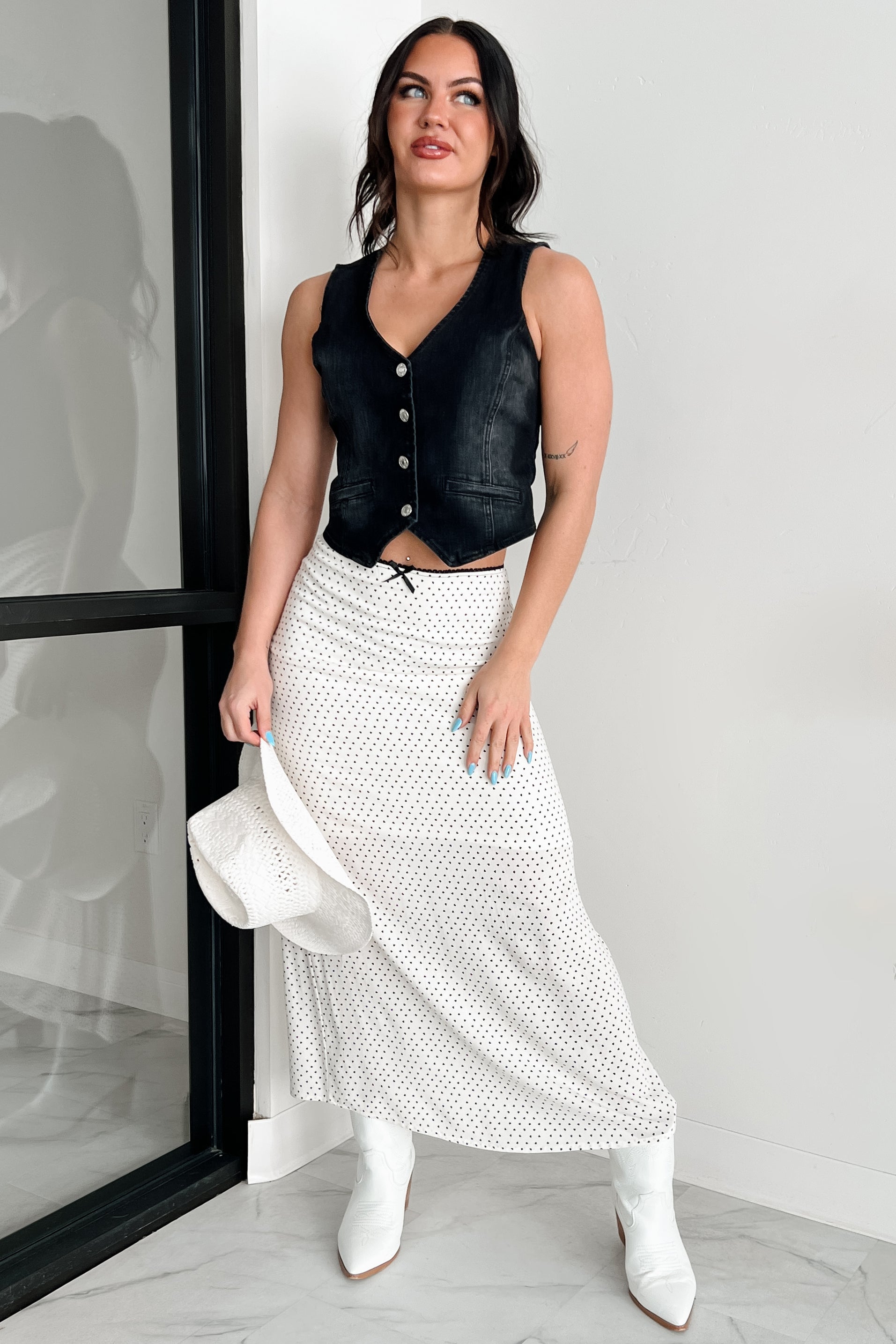 Headed To Brunch Heart Print Cami & Skirt Set (Cream/Black)