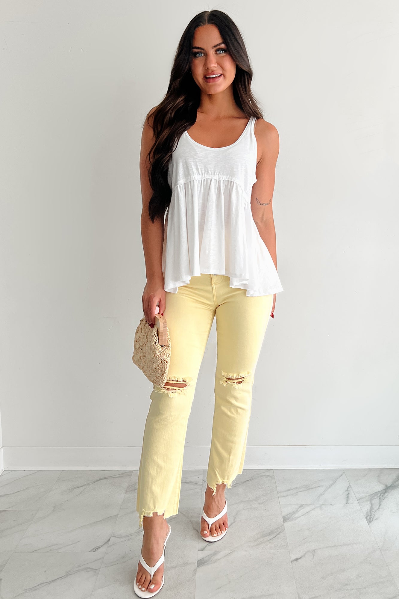 Booked By Brunch Sleeveless Ruffle Top (White)