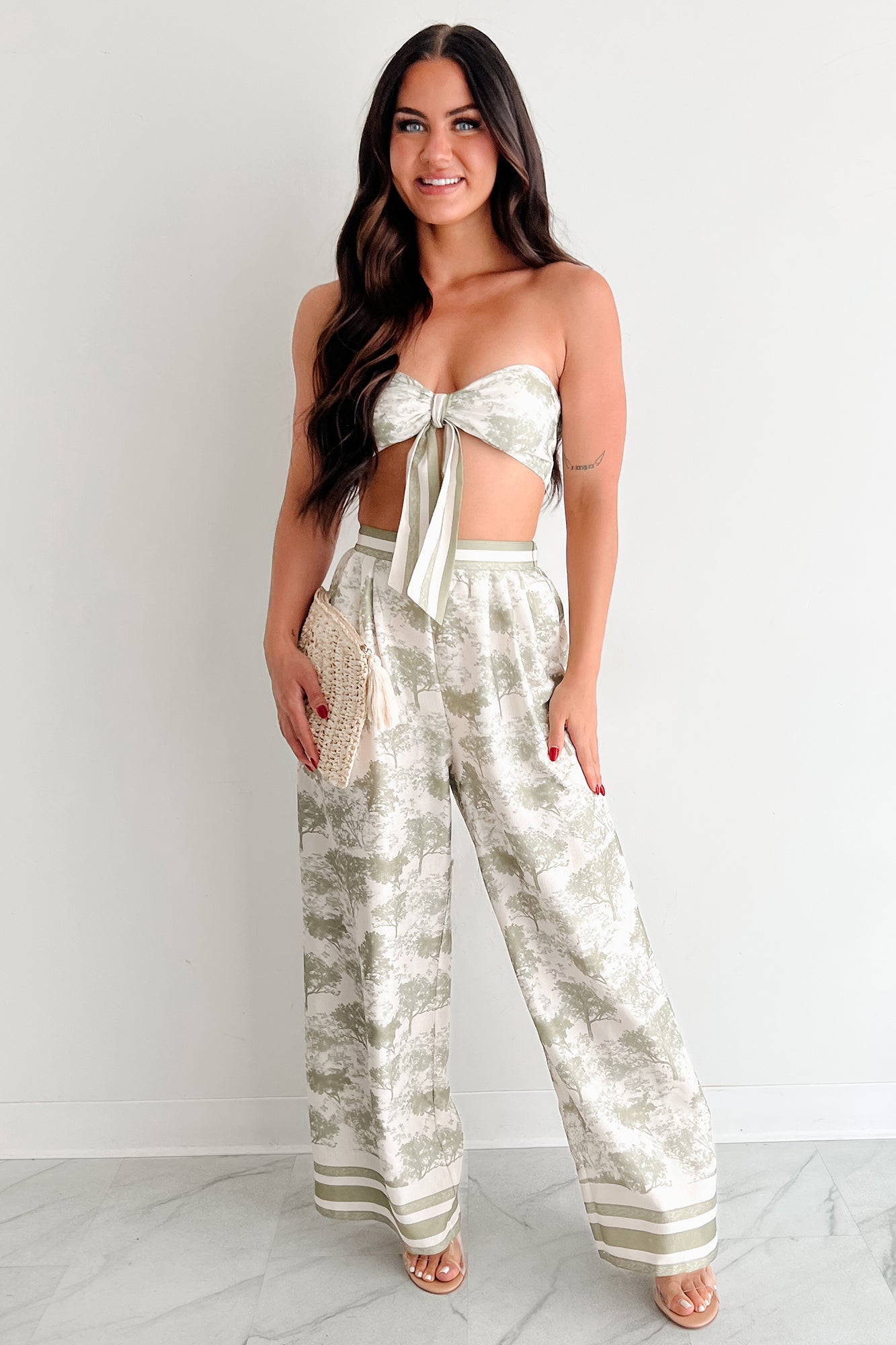 On Brand Printed Bandeau Top & Pants Set (Ivory/Sage)