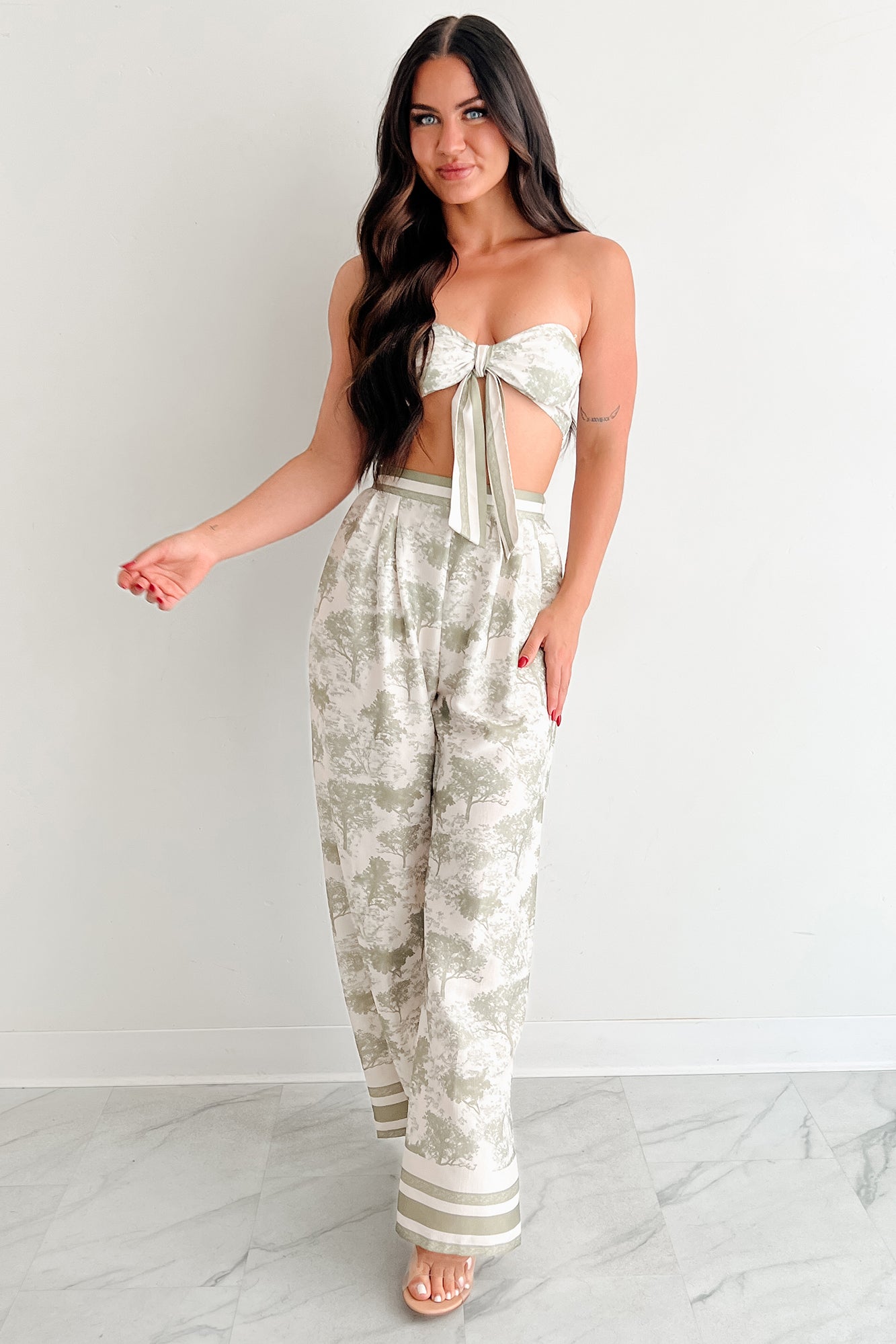 On Brand Printed Bandeau Top & Pants Set (Ivory/Sage)