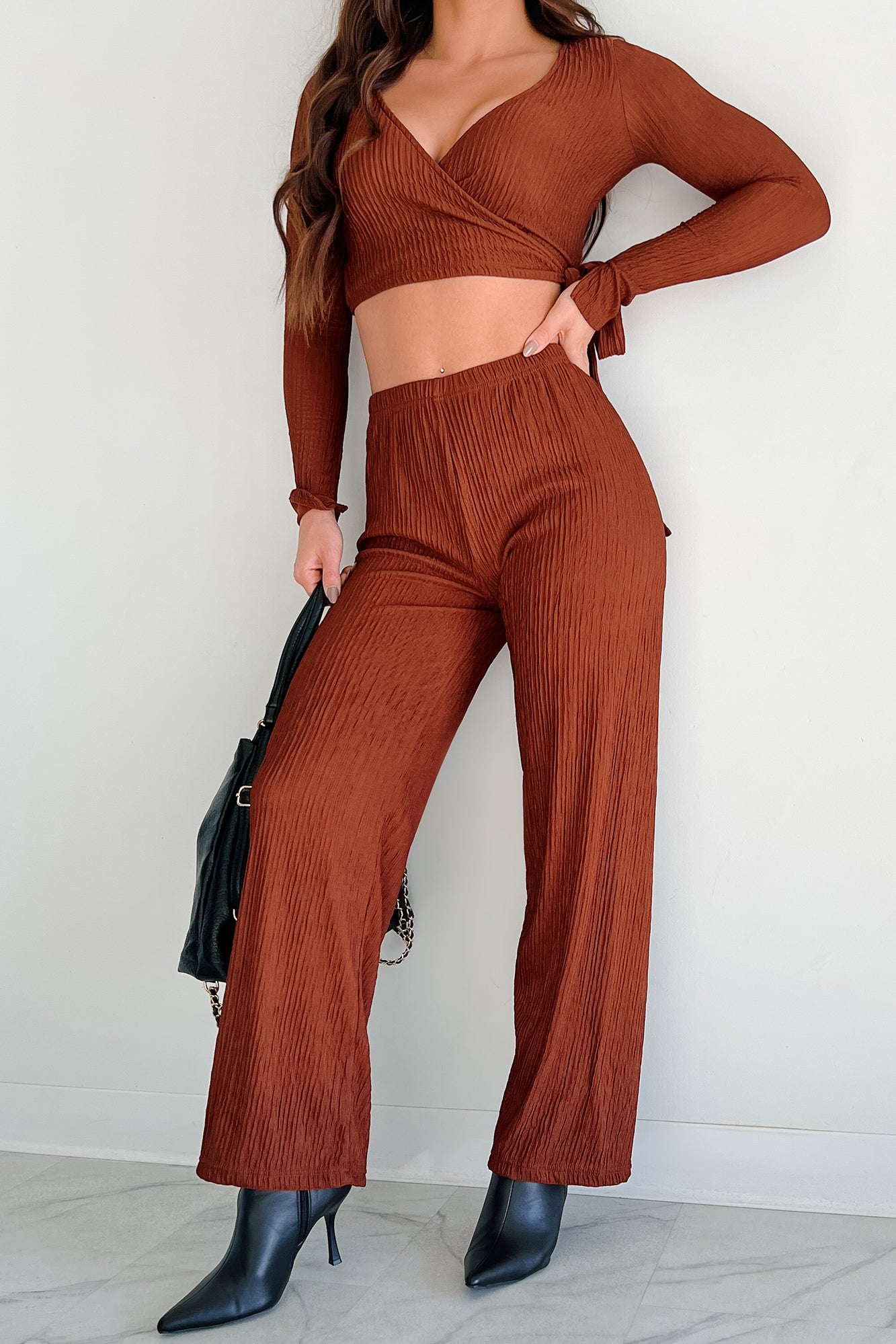Following My Intuition Crinkled Plisse Wrap Top & Pants Set (Ancora Red)