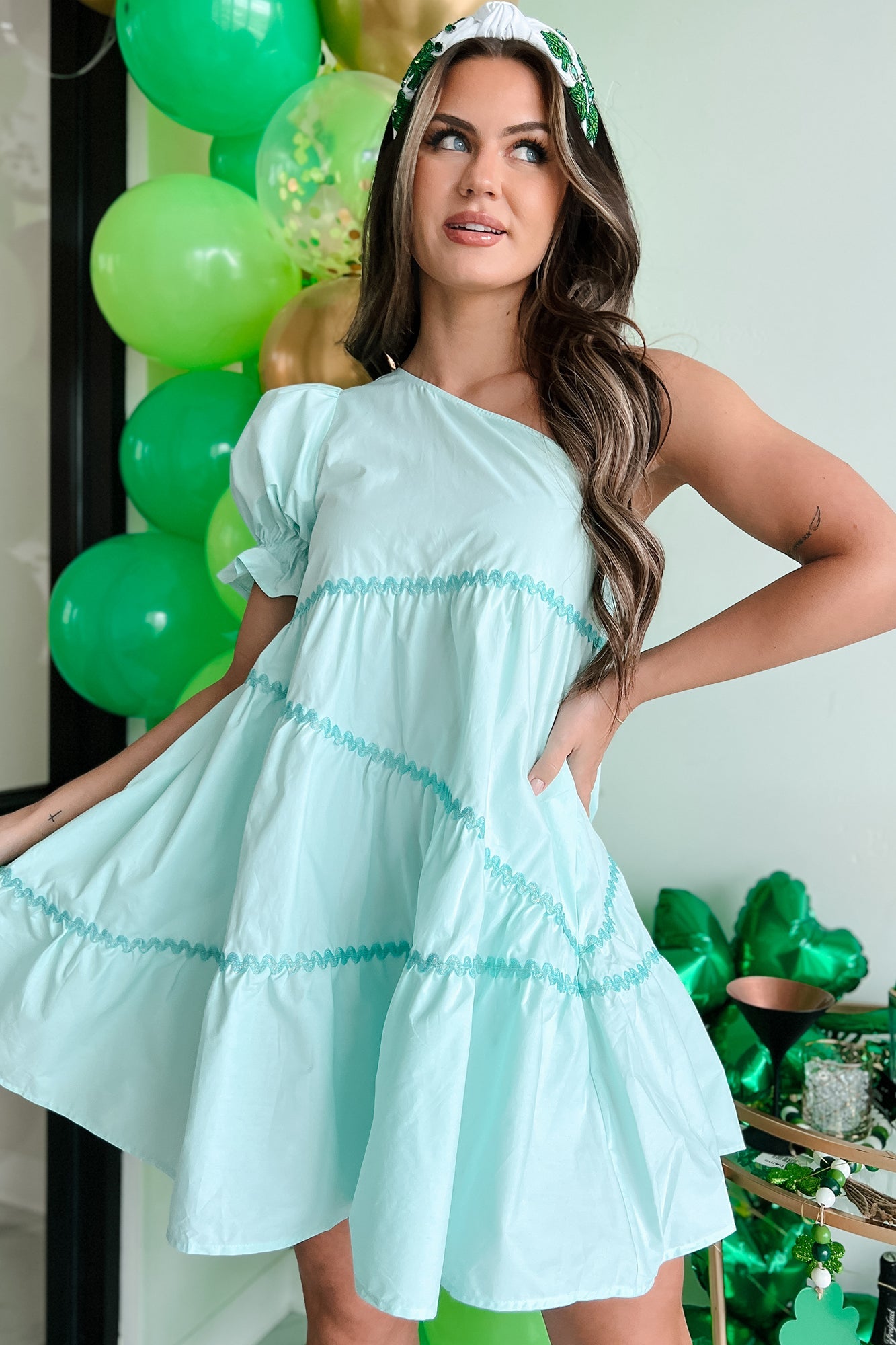 My Kind Of Cute One Shoulder Mini Dress (Light Mint)