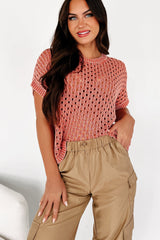 Casual Confessions Open Knit Short Sleeve Sweater (Brick)