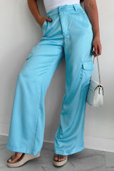 Clearing The Air Wide Leg Satin Cargo Pants (Light Aqua)