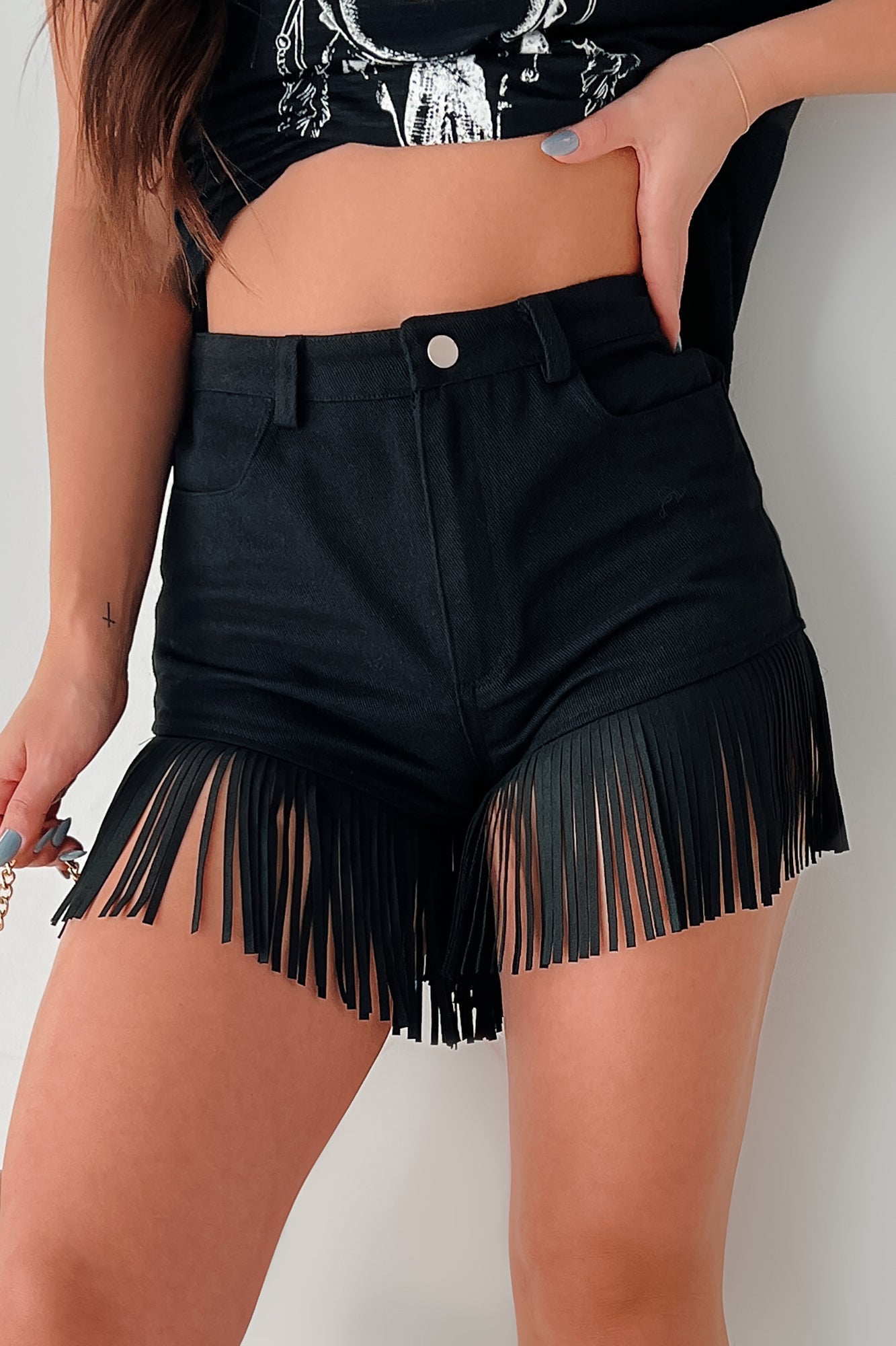 Here For A Good Time High Waist Fringed Shorts (Black Denim)