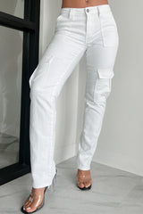 Cool Ambition Mid Rise Straight Leg Cargo Jeans (White)