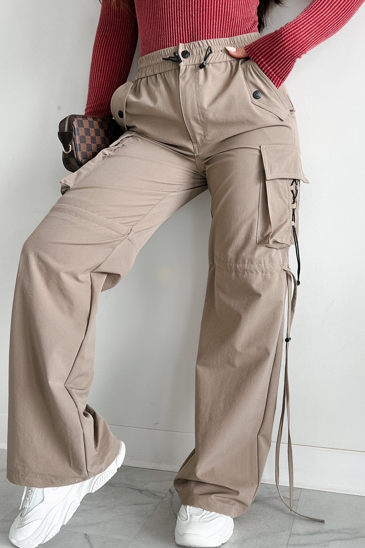 Finding My Way Wide Leg Cargo Drawstring Pants (Khaki)