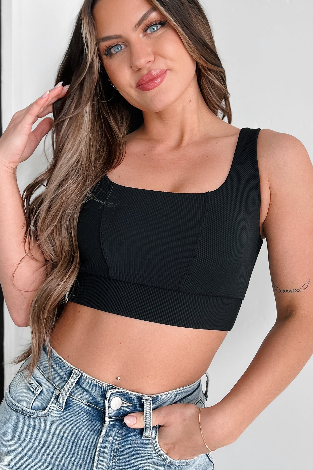 Power Lifting Ribbed Square Neck Sports Bra Top (Black)
