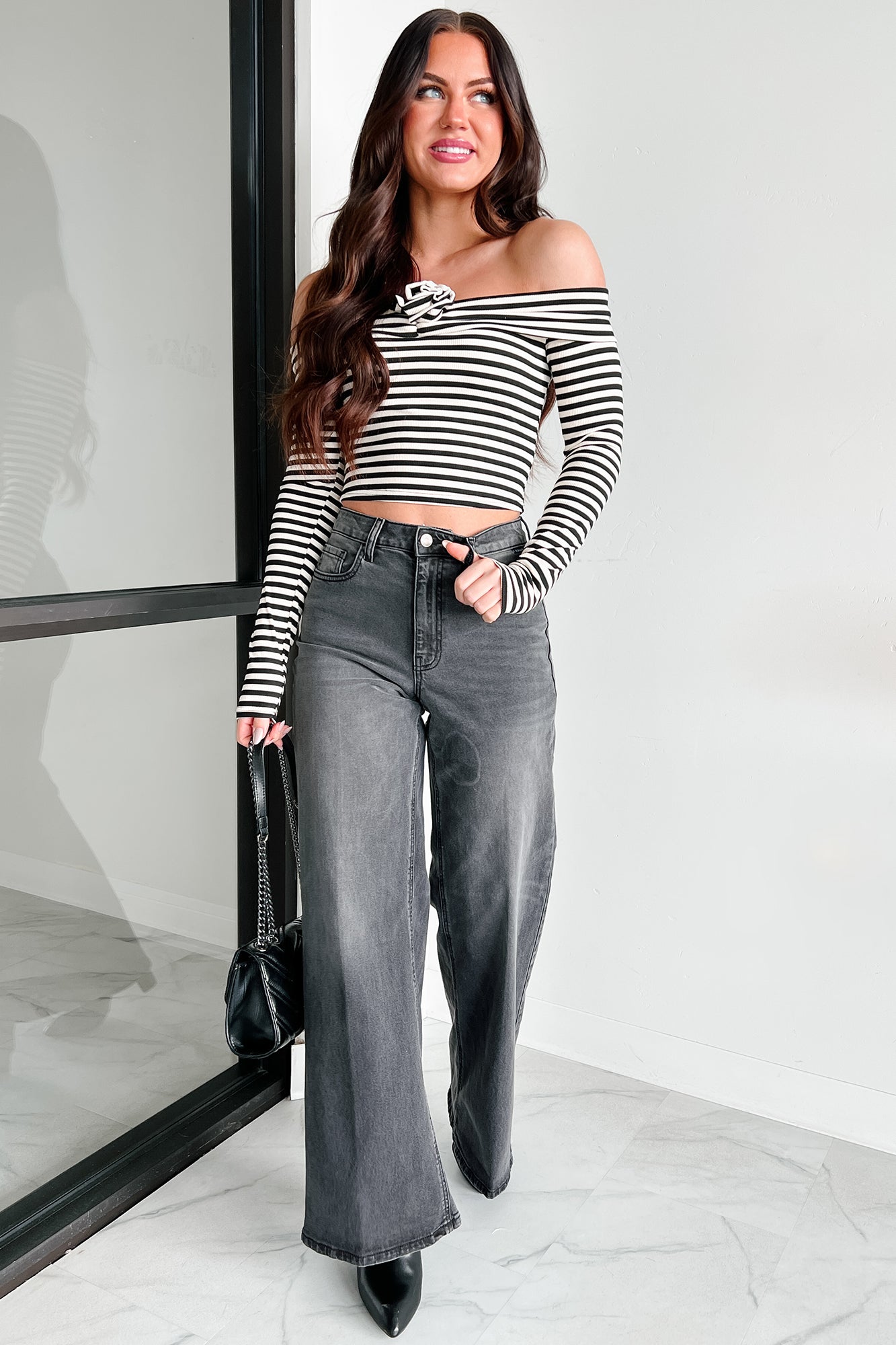 Lovestruck Fool Stripe Rosette Off The Shoulder Top (Black)