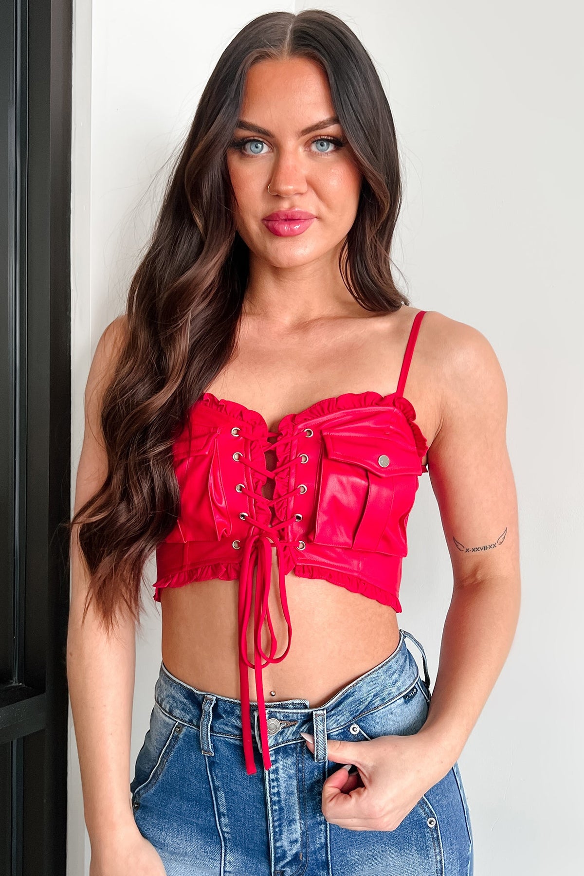 Make 'Em Blush Faux Leather Crop Top (Red)