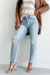 Azra High Rise Sneak Peek Slim Straight Jeans (Light Vintage)