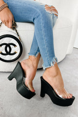 The Renaissance Clear Strap Platform Wedge Sandals (Black)