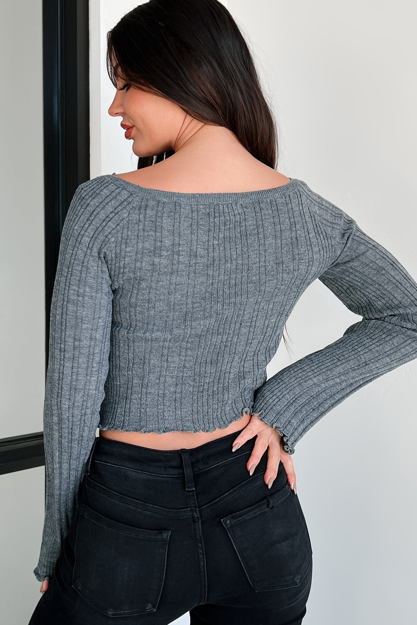 Delicate Darling Off The Shoulder Long Sleeve Top (Heather Grey)