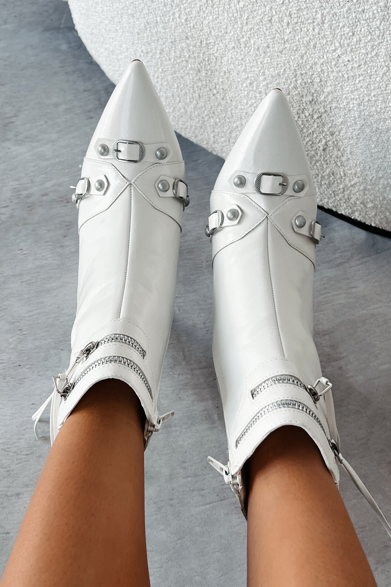 Never Off Limits Pointed Toe Stiletto Booties (White)