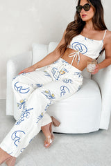 Drinks On The Patio Printed Drawstring Crop Top (Cream)
