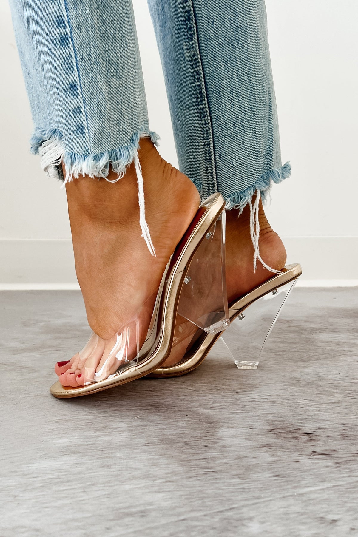 Glamour & Glow Clear Strap Lucite Heels (Gold)