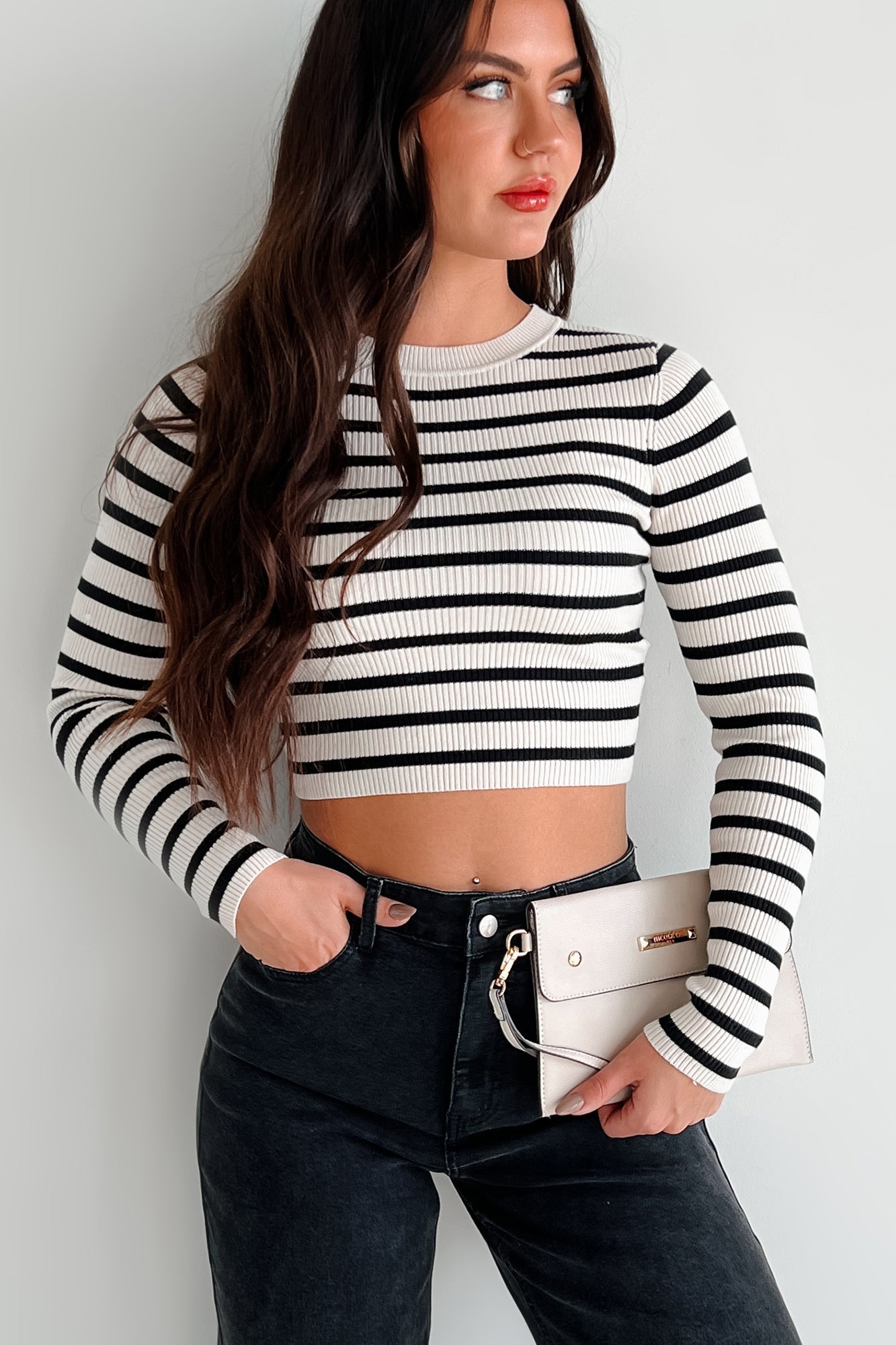 Lacy Ribbed Stripe Long Sleeve Top (Black/Ivory)
