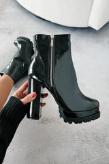 Tall Task Patent Leather Platform Booties (Black)