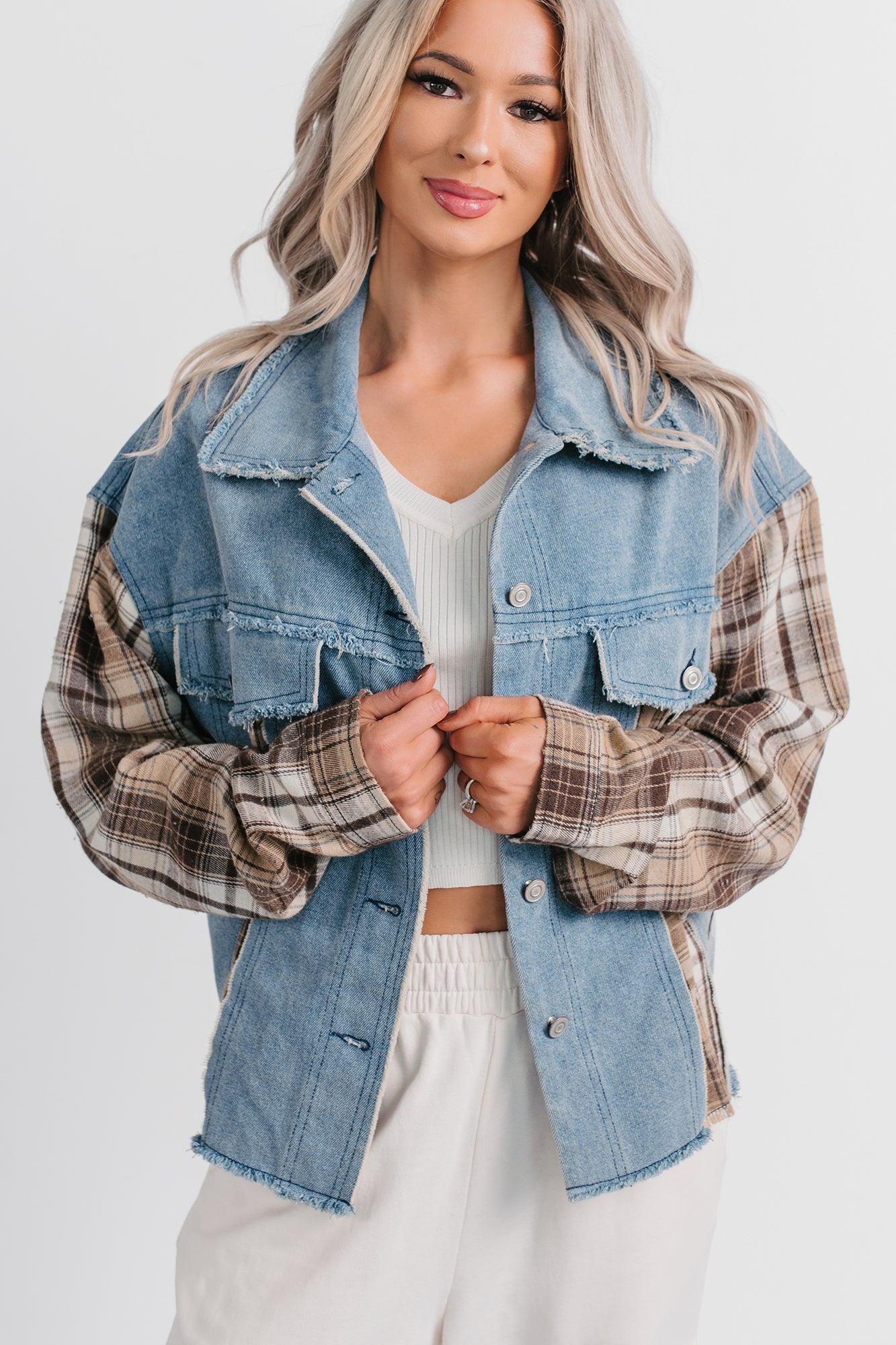 Daily Mode Plaid Denim Mix Jacket (Taupe Blend)