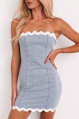 Simple Joys Wavy Trim Denim Mini Dress (Light Blue)