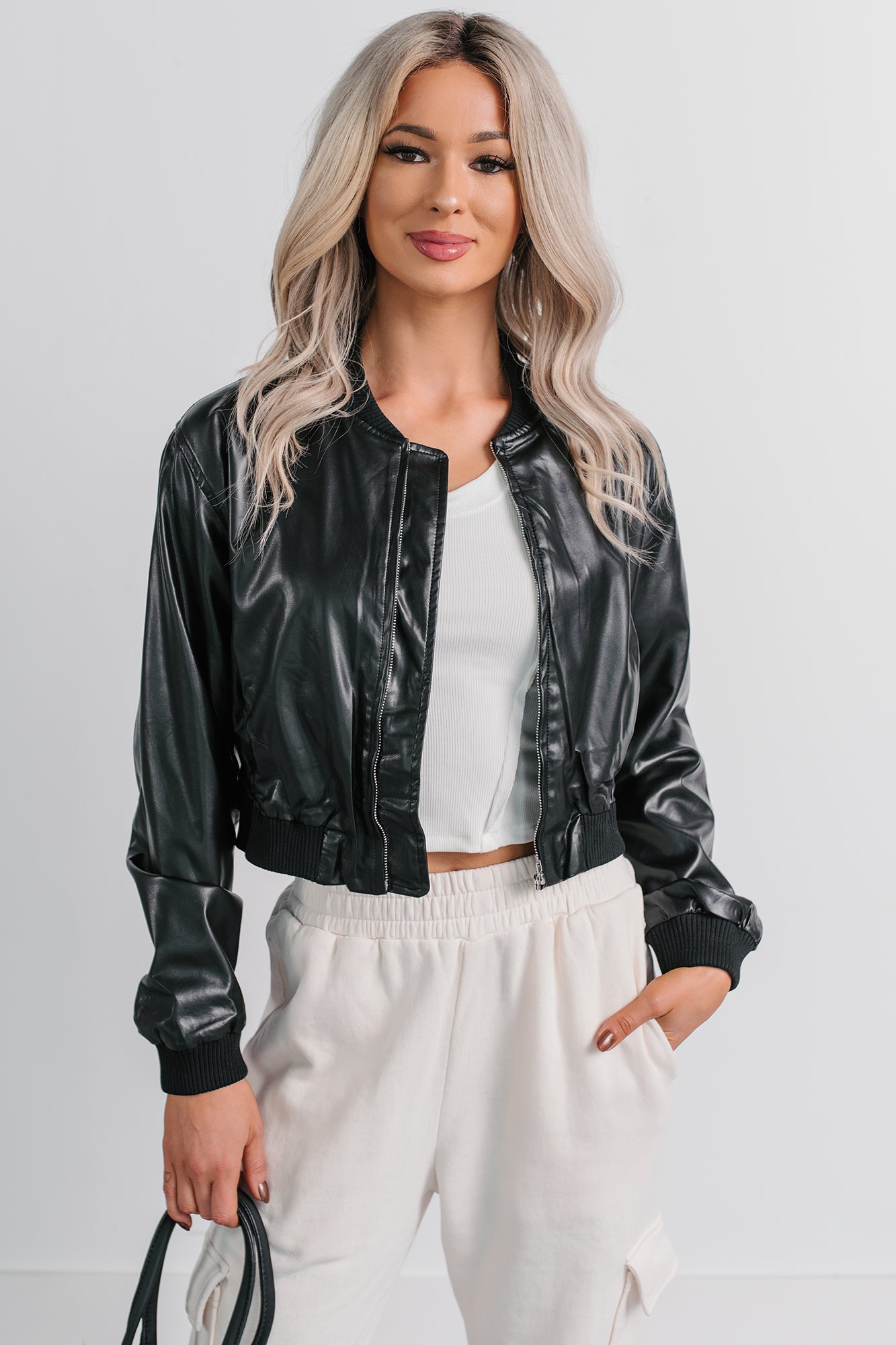 Crown Moment Faux Leather Crop Jacket (Black)