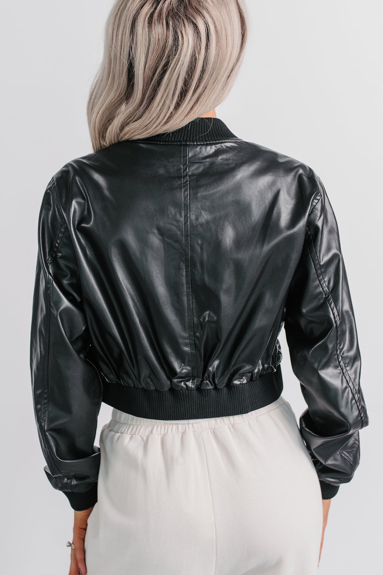 Crown Moment Faux Leather Crop Jacket (Black)