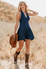 Already Iconic Halter Denim Mini Dress (Dark Blue)