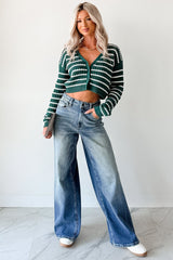 Relax & Flow Striped V Neck Cardigan Top (Dark Green/White)