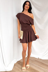 Neutral Ground One Shoulder Smocked Mini Dress (Brown)