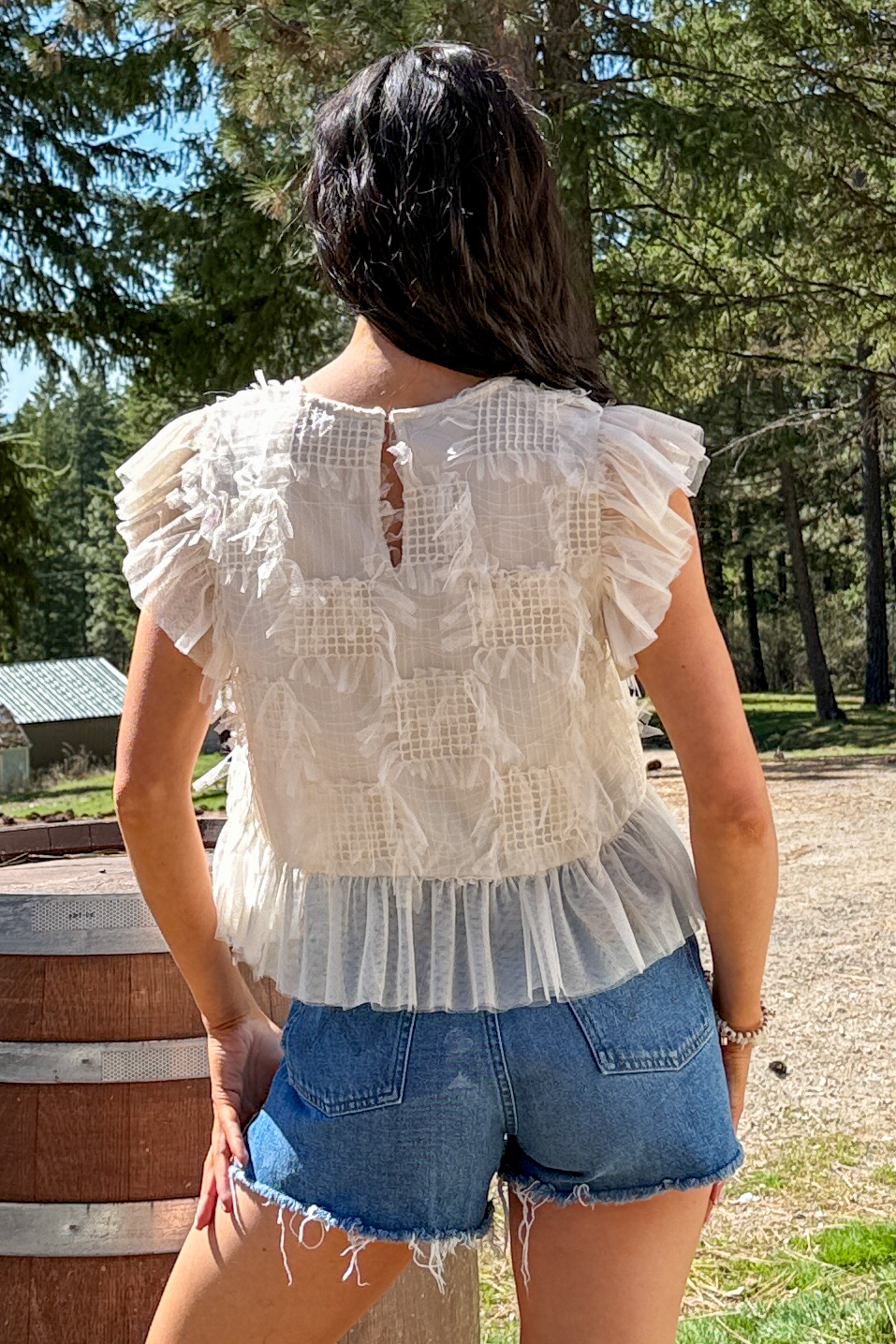 Tranquil Vibes Ruffle Mesh Top (Cream)