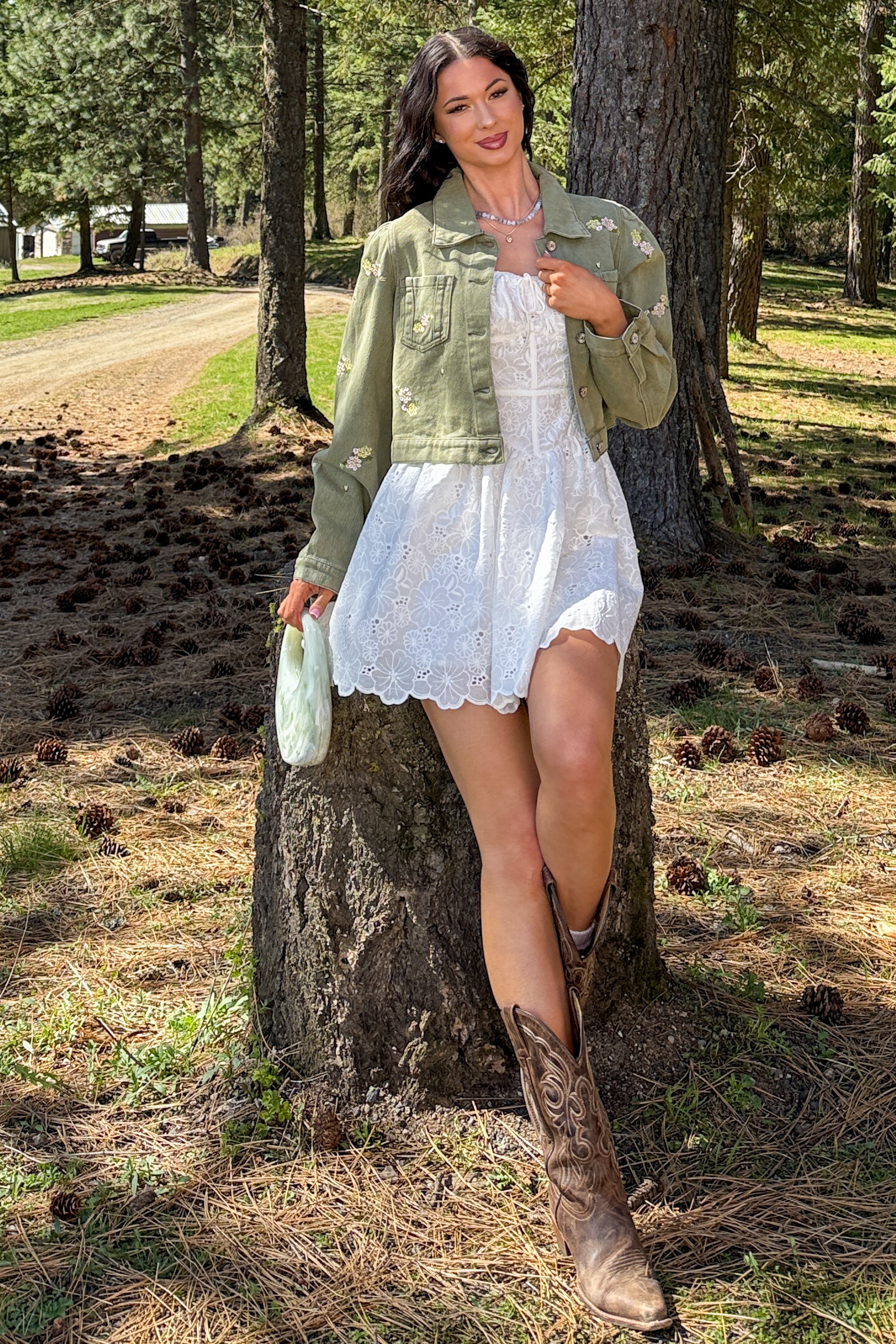 Under The Sun Floral Denim Cropped Shacket (Olive)