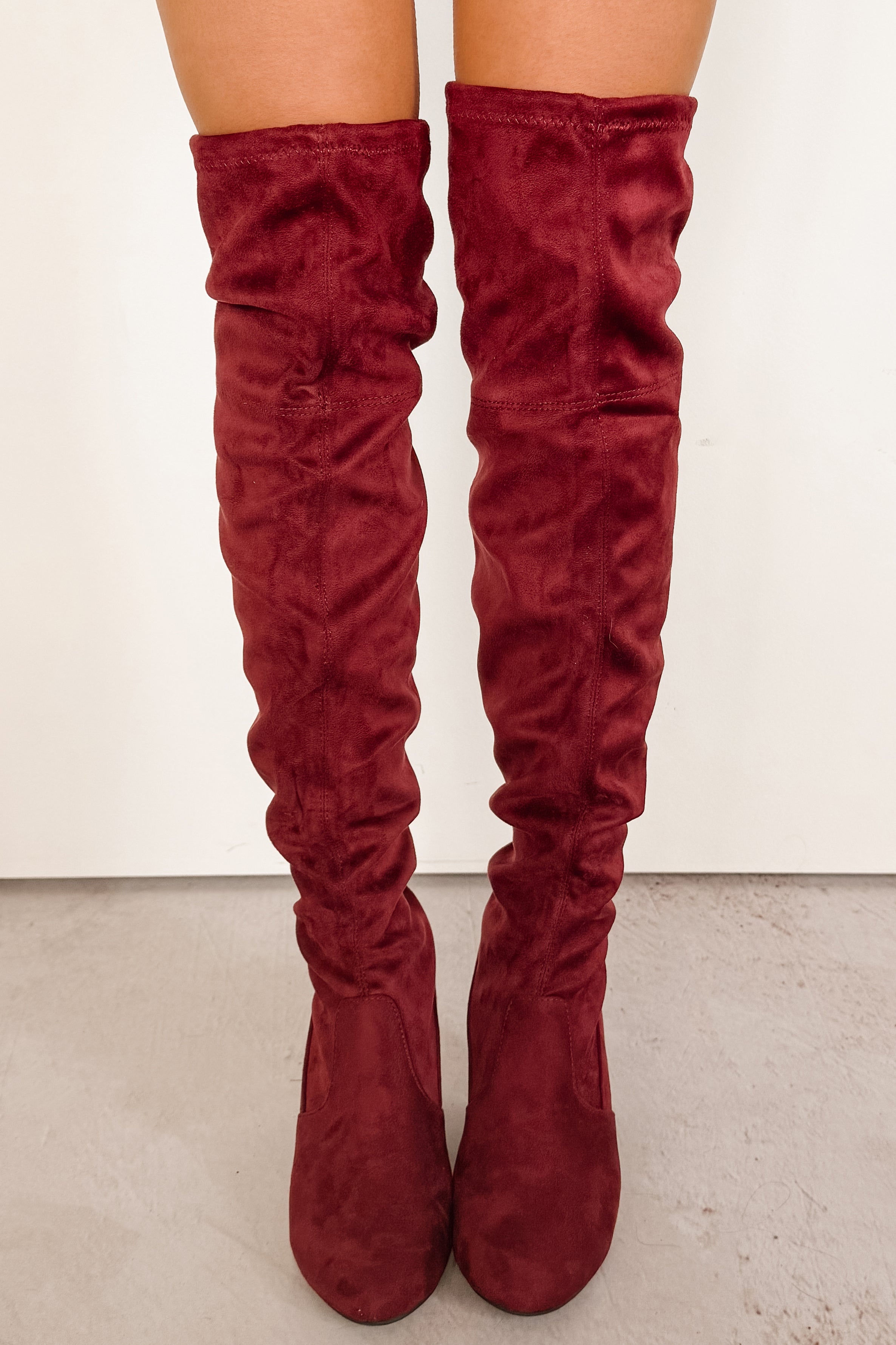 Bold Horizon Thigh High Faux Suede Boots (Burgundy)