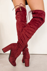 Bold Horizon Thigh High Faux Suede Boots (Burgundy)