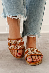 Full Look Ahead Raffia Horsebit Sandals (Tan)