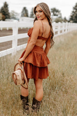 Cottage Cutie Ruffle Tier Mini Dress (Brown)