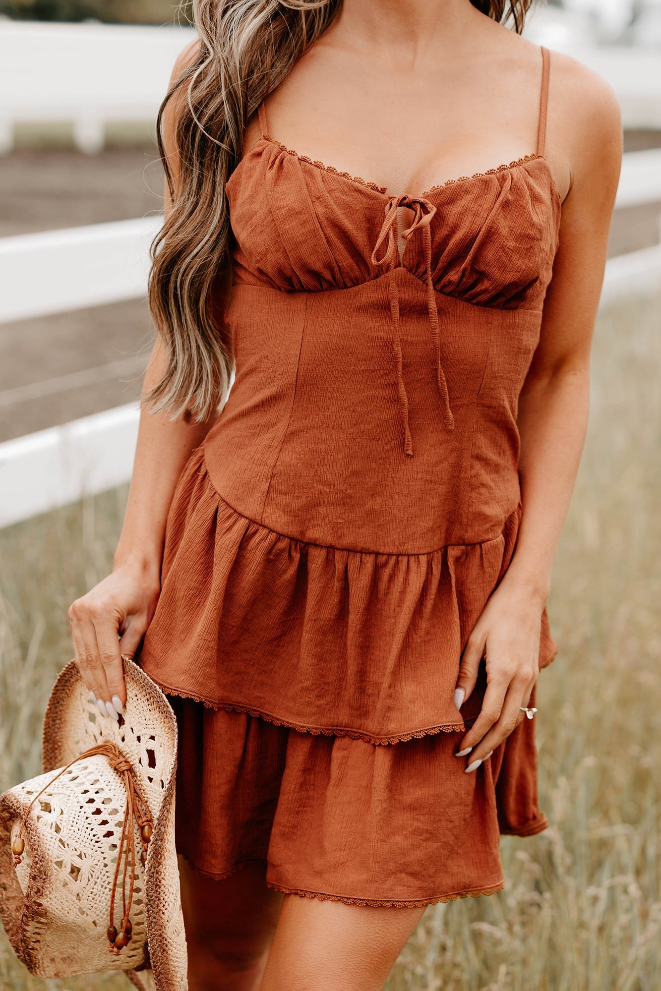 Cottage Cutie Ruffle Tier Mini Dress (Brown)