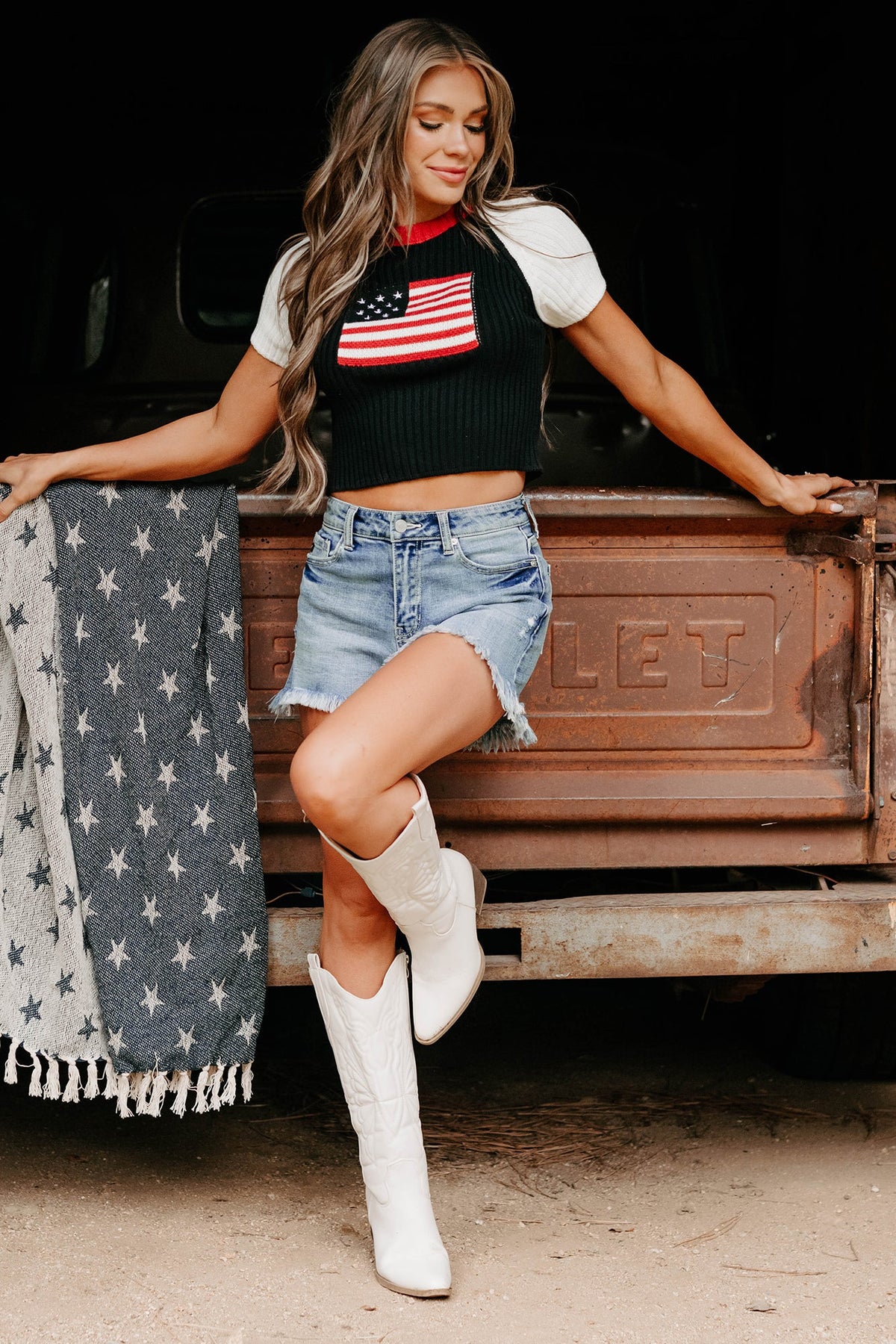 Starlet Style USA Flag Sweater Top (Black/White)