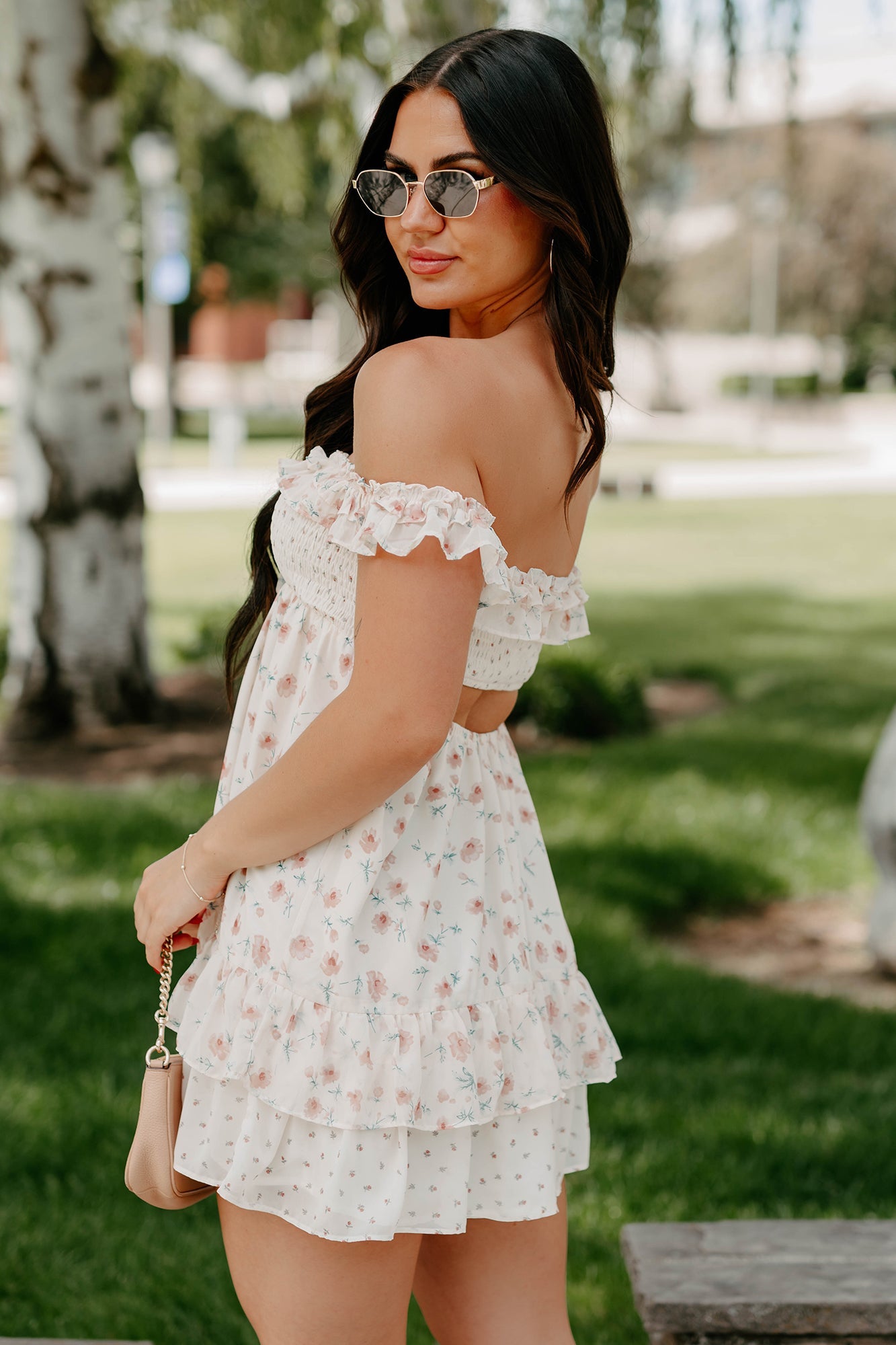 Becoming Her Off The Shoulder Floral Mini Dress (Cream)